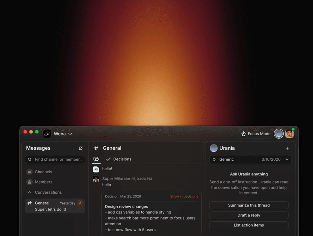 wena, team chat app for startup teams snapshot with colorful gradient behind
